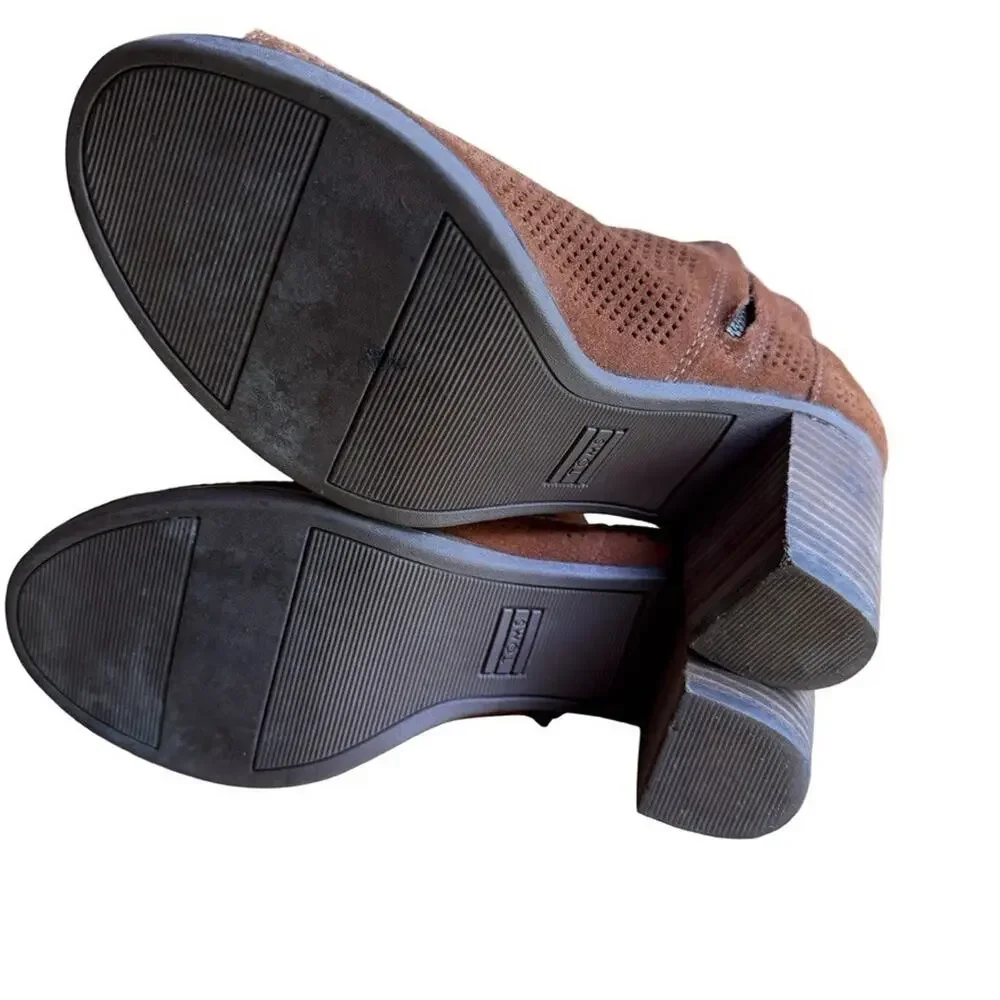 Toms Majorca Peep Toe Booties Perforated Chunky High Heel Boots Shoes Suede 7.5